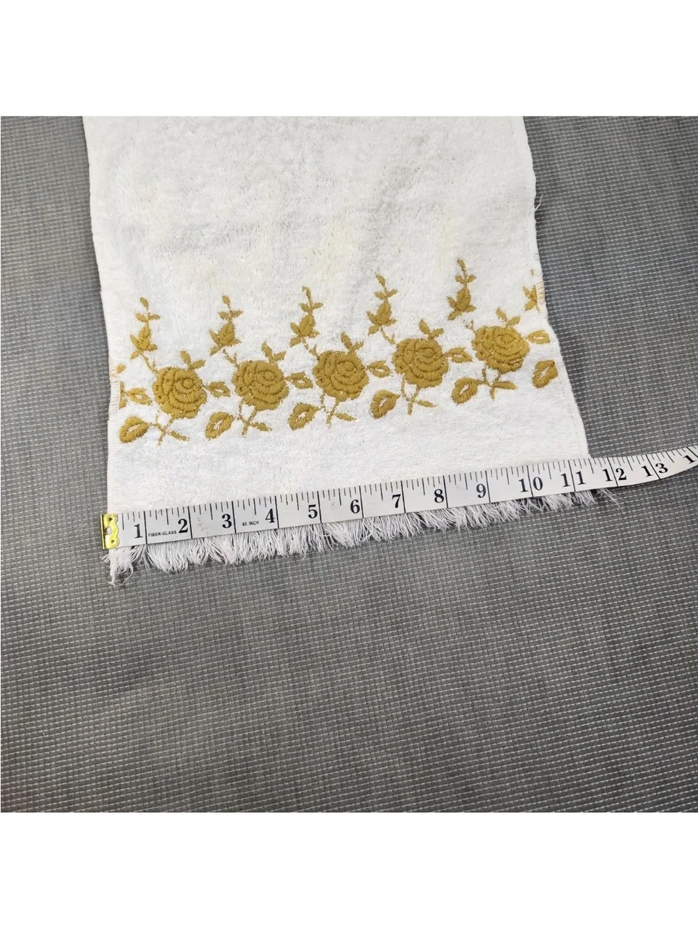 Vintage white Dundee hand towel with rose floral embroidery and fringe, 11x16